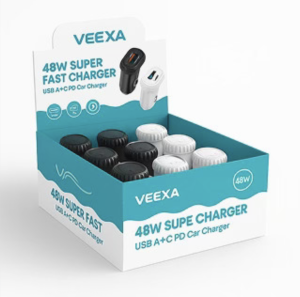 Veexa 48W Super Charger Usb-C+Usb-A Car Adapter (12PC) White & Black /Display Box