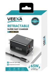 Veexa 65W Usb+Pd Super Fast Charger With Tc Retractable