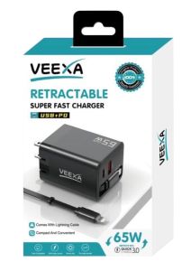 Veexa 65W Usb+Pd Super Fast Charger With Lightning Retractable